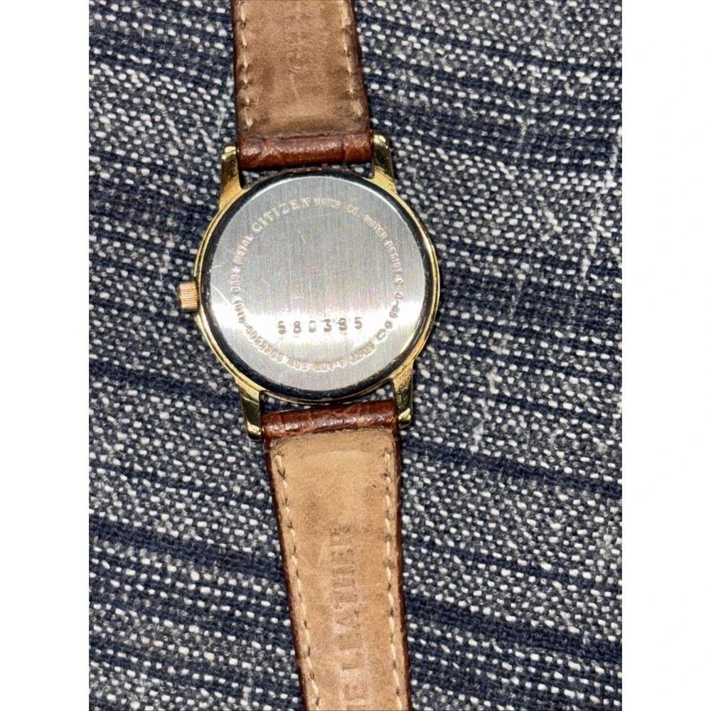 Citizen Ladies Vintage Gold Plated Wrist Watch Silver Dial Genuine Leather Brown